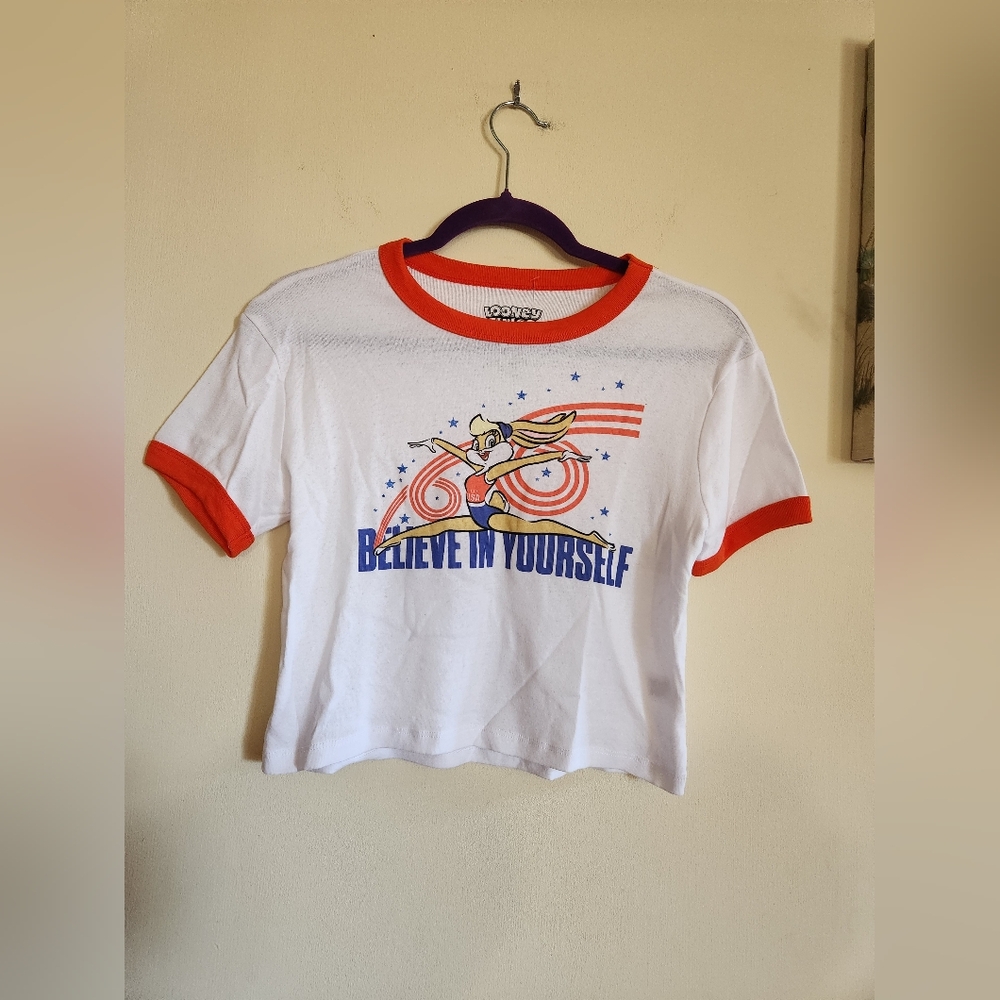 Looney Tunes Team USA gynmastics cropped T-Shirt orange white blue large…